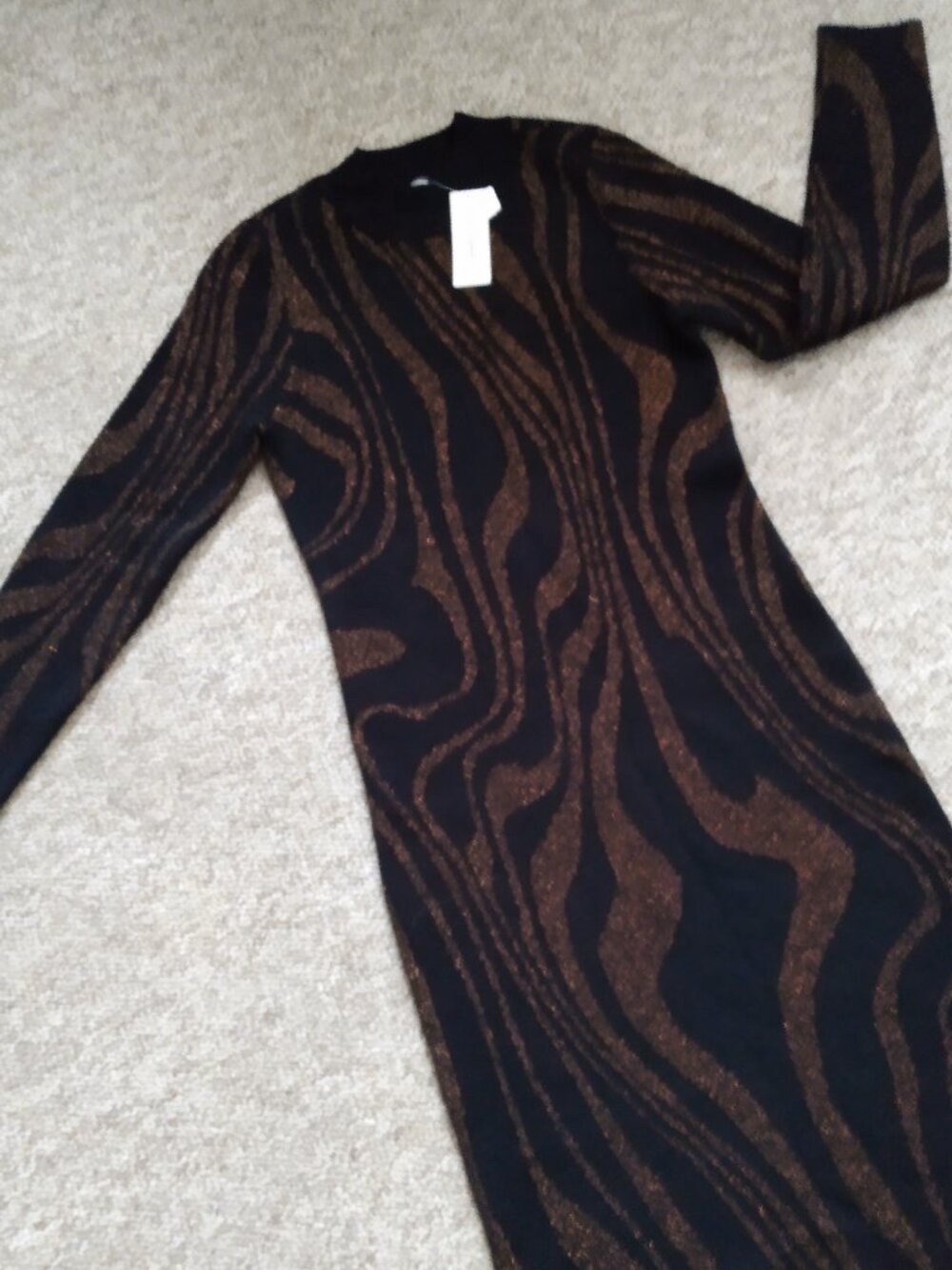 No Comment Striped Black Copper Sweater Dress 90s Y2K Bodycon Midi Large ~ NWT